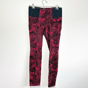 One 5 One Red & Black Paisley Velvet Flocked Leggings High Rise Size L